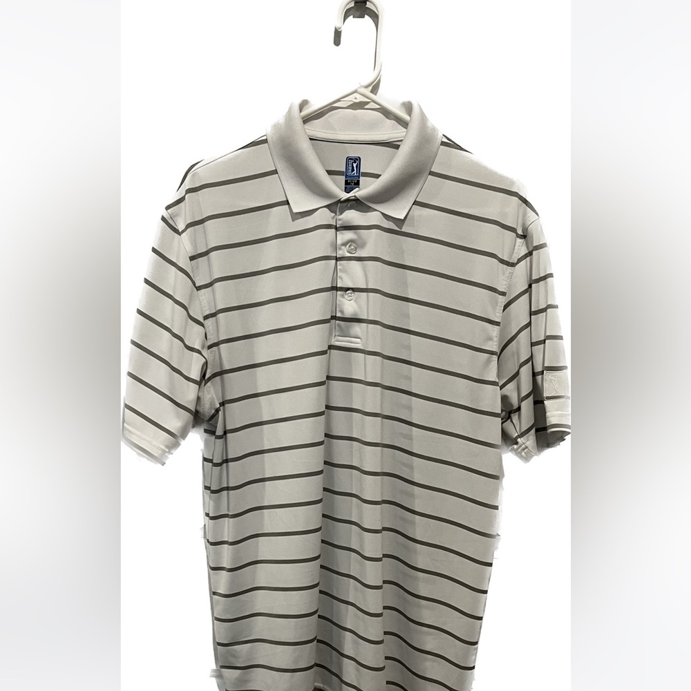 PGA Tour Men’s Airflux Golf Polo Shirt Size XL White Grey Striped Short Sleeve